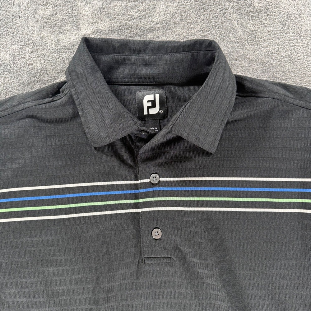 FootJoy Polo Shirt Mens Large Black Striped Performance Golf Short Sleeve Logo